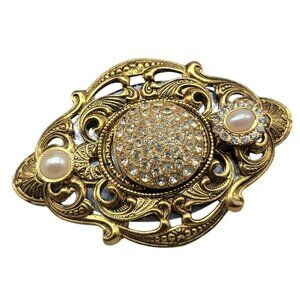 Large Sparkle Brooch Open Metal Work Gold Tone Pave Bubble Rhinestone Faux Pearl